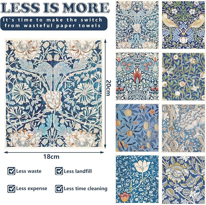 8 Pcs Foliage Swedish Dishcloths Vintage Blue Floral, 7 x 8 Inch | Retro Flower, Cotton, Kitchen Towel, Absorbent, Dish Towel, for Home Kitchen Housewarming Cleaning
