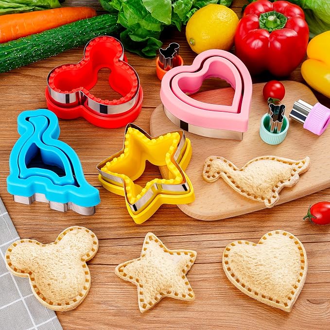 20Pcs Sandwich Cutters & Sealers for Kids Lunch, Cookie Fruit Shape Cutters | Uncrustable Sandwich Maker Vegetable Food Cutter Shapes for Toddlers, Lunch & Bento Box Accessories with Heart Dinosaur Star