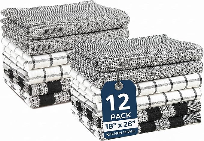 LANE LINEN Kitchen Dish Towels Set of 12 – 18”x28” Soft & Quick-Drying Hand and Tea Towels, Premium Decorative Kitchen Towel – Black