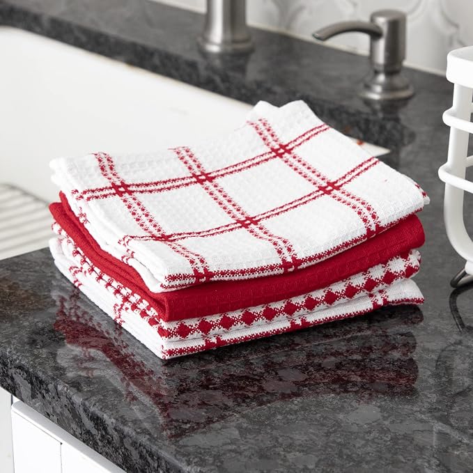 T-Fal Premium Waffle Dish Cloths: Highly Absorbent, Super Soft Long Lasting - 100% Cotton, 12"x13" Towel for Cleaning & Drying, (4-Pack), Red