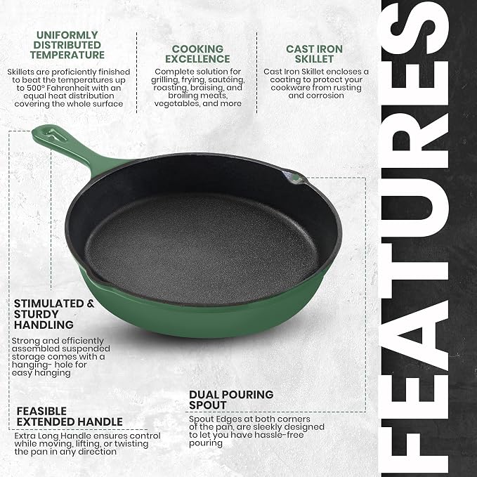 Utopia Kitchen Cast Iron Skillet Set 3 Piece 6 8 10 Inch PFAS-Free Green | Chef Pan, Even Heat Distribution, Stovetop, Campfire and Grill Safe, Large Skillet Set, Indoor Outdoor Use