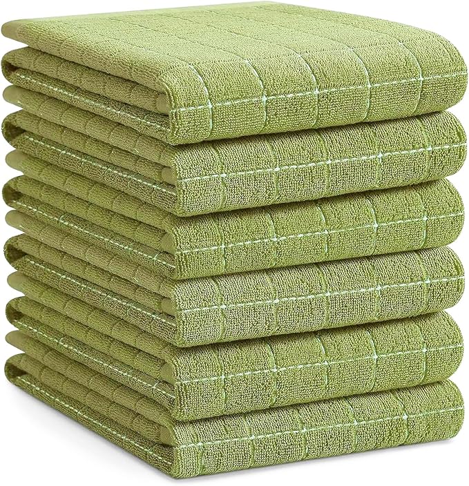 Homaxy 100% Cotton Terry Kitchen Towels, Large 6 Pack, Olive Green | Ultra Soft and Absorbent Dish Towels for Kitchen, Suitable for Drying and Washing Dishes
