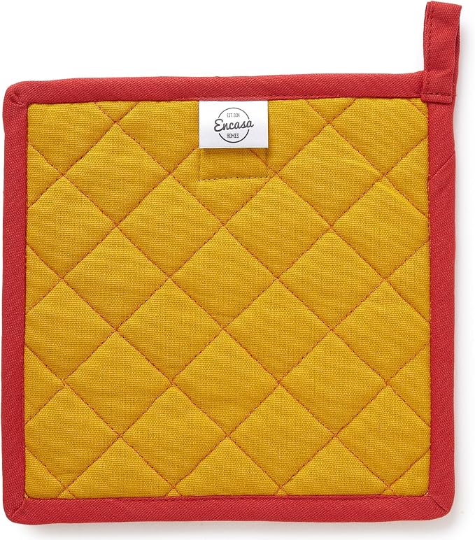 Encasa XO Pot Holders, Quilted Kitchen Hot Pads 8"x8" | Mango, 100% Cotton | Heat Resistant | Hanging Loop | Multipurpose Trivets | Machine Washable | Set of 2
