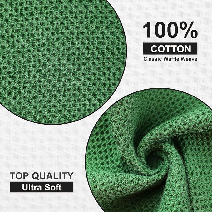 Kitinjoy 100% Cotton Waffle 8-Pack Kitchen Towels, 12" x 12", Grass Green | Ultra Absorbent, Super Soft, lightweight, Quick Drying Dish Rags for Washing Dishes