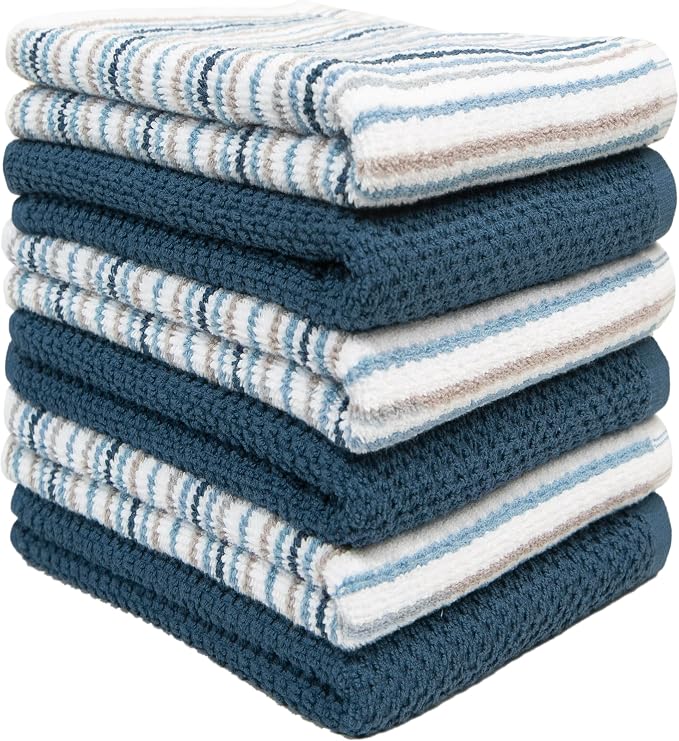 Bumble Kitchen Towels 6 Pack 100% Cotton 16"x26" - Blue | 430 GSM Soft Kitchen Hand Towels with Hanging Loop, Highly Absorbent & Durable for Washing and Drying Dishes