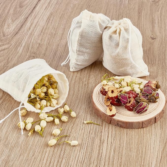 TUZAZO 24 Pcs Muslin Bags with Drawstring 3 x 4 inch, Reusable Tea Bags for Loose Leaf Tea, Natural Cotton Unbleached Cheesecloth Small Spice Bag for Cooking Soup Herb Sachet Bag Empty