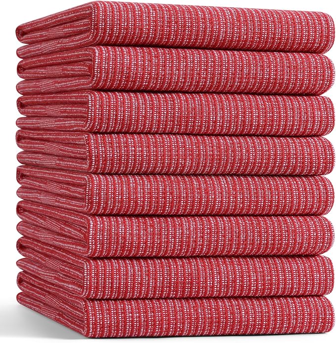 Mordimy Premium Large Cotton Kitchen Towels (18"x 28", 8 Pack), Red | 100% Ring Spun Cotton, Super Absorbent, 380 GSM, Flat & Terry, Soft, Hanging Loop Dish Towels