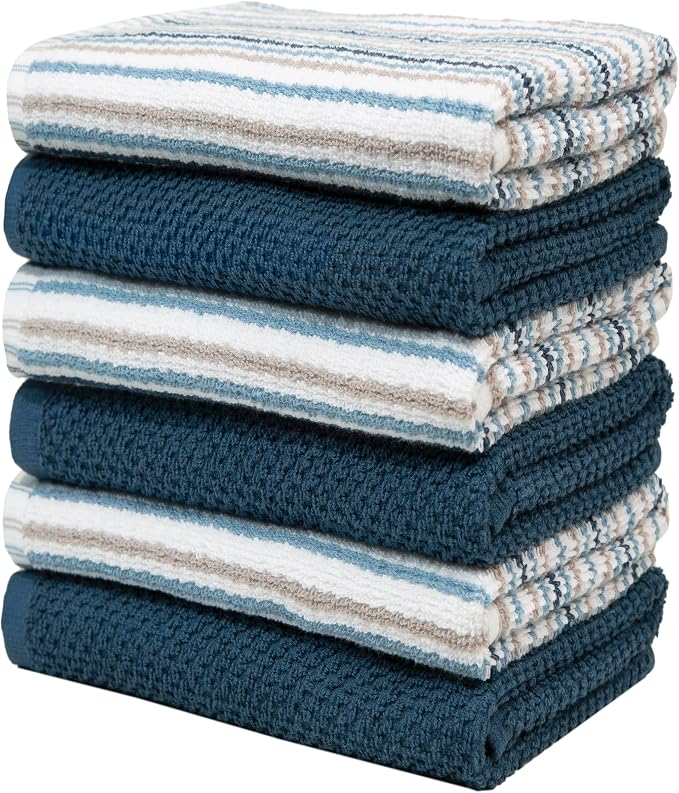 Bumble Kitchen Towels 6 Pack 100% Cotton 16"x26" - Blue | 430 GSM Soft Kitchen Hand Towels with Hanging Loop, Highly Absorbent & Durable for Washing and Drying Dishes