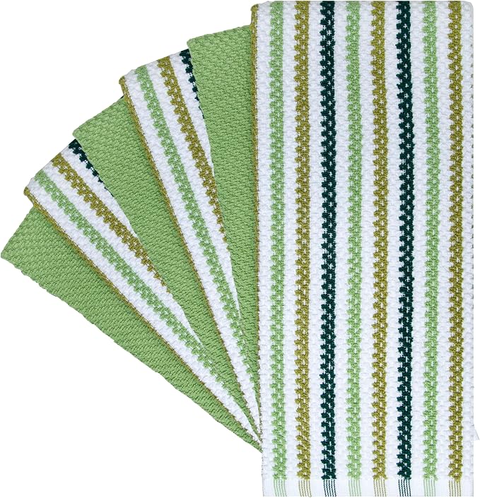 Bumble Kitchen Towels 6 Pack 100% Cotton 16"x26" - Sage Wide Stripe | 430 GSM Soft Kitchen Hand Towels with Hanging Loop, Highly Absorbent & Durable for Washing and Drying Dishes