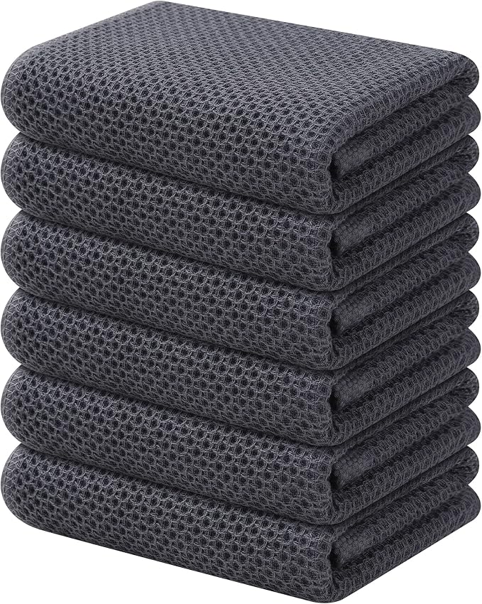 Kitinjoy 100% Cotton Waffle 6-Pack Kitchen Towels, 13" x 28", Dark Grey | Super Soft, Ultra-Absorbent, Fast Drying, lightweight, Quick Drying Kitchen Hand Towels