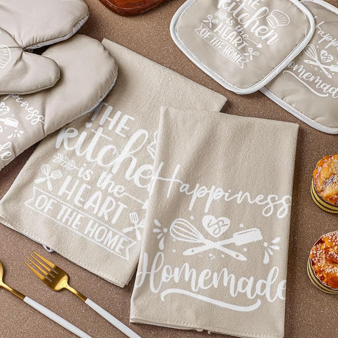 Sratte 6 Pcs Kitchen Decor Accessories Set, Kitchen, Beige | Farmhouse Kitchen Towels Pot Holders Oven Mitts Set 2 Dish Towels 2 Potholders 2 Cooking Mittens for Baking Cooking Supply