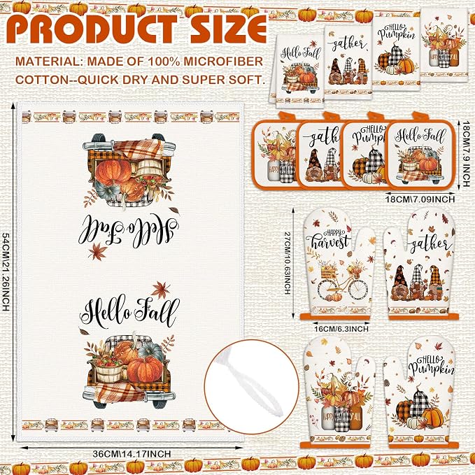 SiliFine 12 Pcs Fall Pumpkin Kitchen Towels Oven Mitts Pot Holders Set | Buffalo Plaid Gnome Harvest Design, Kitchen Accessories for Cooking Baking, Autumn Thanksgiving Decoration, Holiday Gifts