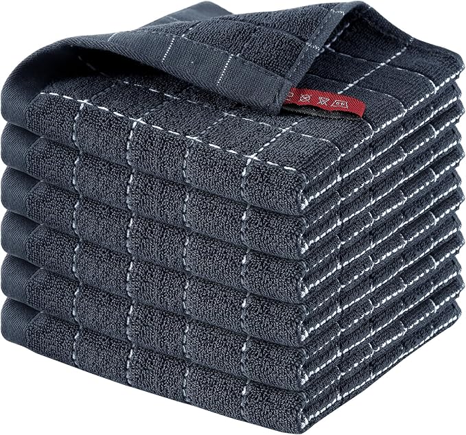 Homaxy 100% Cotton Terry Kitchen Dish Cloths, 6 Pack, Dark Grey | Ultra Soft and Absorbent, Suitable for Drying and Washing Dishes