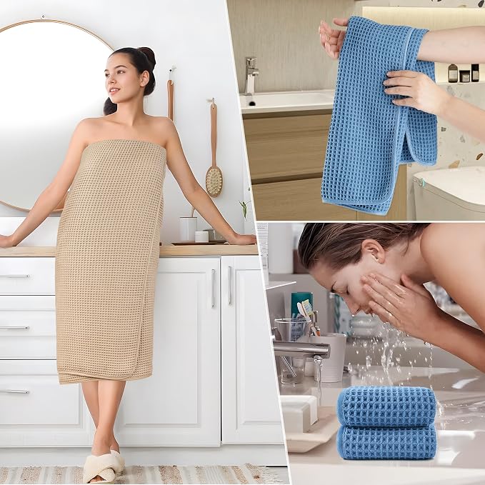 POLYTE 430 GSM Poly Blend Microfiber Quick Dry Waffle Bath Towel Set of 6 | 2-Body Towels, 2-Hand Towels, 2-Wash cloths, Oversize, Lint Free