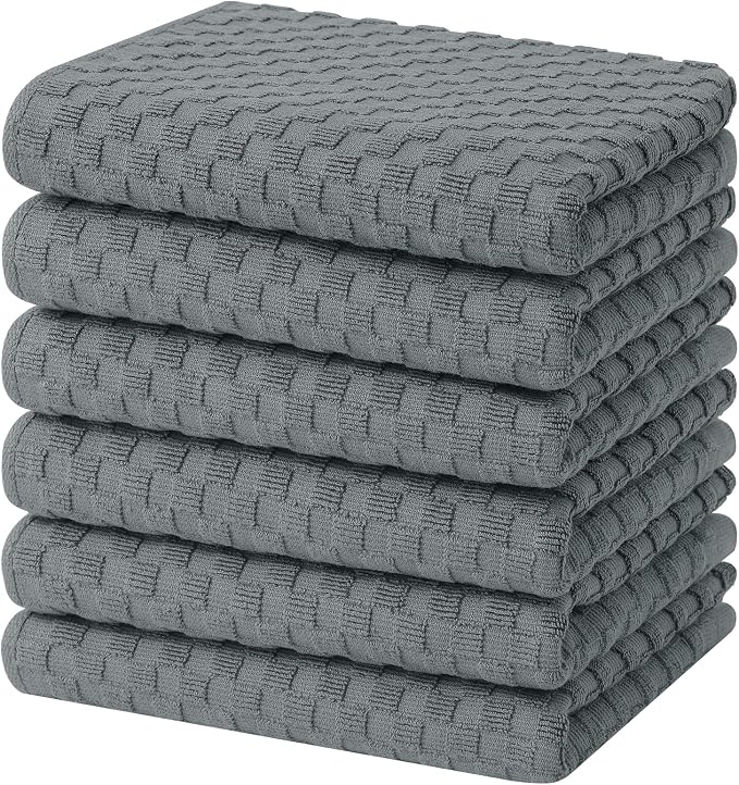 Homaxy 100% Cotton Terry Kitchen Towels(15" x 25", 6 Pack), Dark Grey | Soft and Super Absorbent Dish Towels, 380 GSM Reusable Tea Towel with Hanging Loop, Pineapple Grid Designed