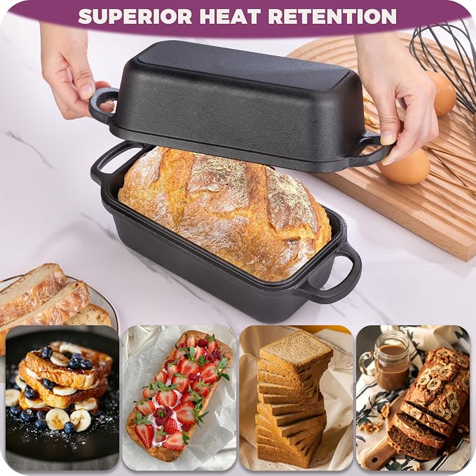 Cast Iron Loaf Pan with Lid 9x5 Inch,Sourdough Pan | 2 in 1 Loaf Pans for Baking Bread, Even Heat Distribution for Sourdough, Homemade Bread