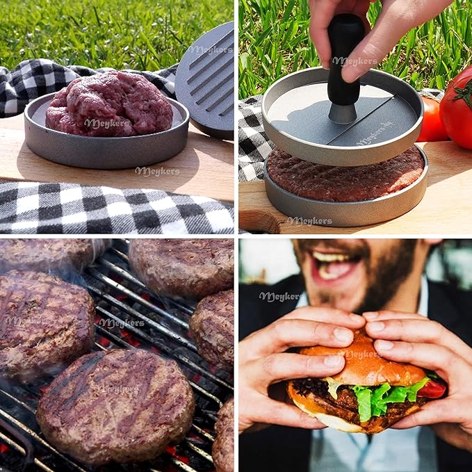 Meykers Hamburger Press Patty Maker 150 Paper, 4.5” Burger Mold Meat Shaper | Non-Stick, BPA Free, Dishwasher Safe, Juice-Locking Grooves, Wax Paper, Beef Cheese Burger for Kitchen Grill Griddle BBQ