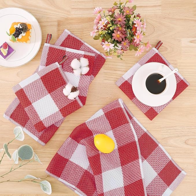Homaxy Kitchen Towels and Dishcloths Set, Set of 8, White & Red | Bulk Cotton Waffle Weave Check Plaid Kitchen Towels, Super Soft and Absorbent Dish Cloths, 12 x 12 and 13 x 28 Inches