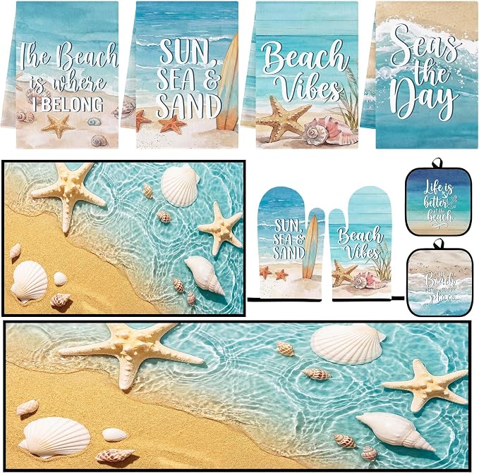 10 Pcs Kitchen Decor and Accessories Set, Beach Coastal | Ocean Summer 4 Dish Towels Kitchen Rugs 2 Oven Mitts 2 Pot Holders, Home Decor for Cooking Baking BBQ Housewarming
