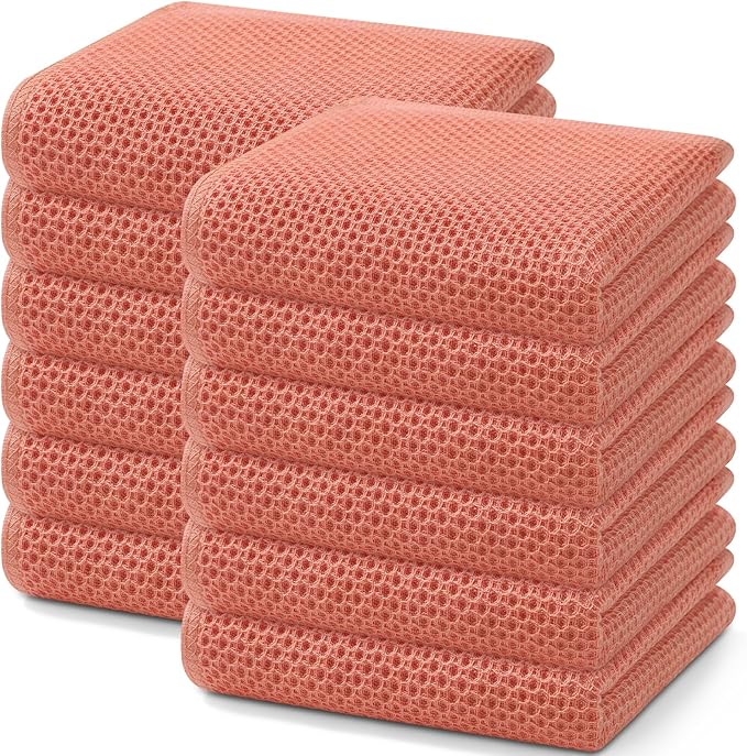 Homaxy 100% Cotton Waffle Weave Kitchen Dish Towels 12-Pack, Coral | 13 x 28 Inches, Ultra Soft Absorbent Dish Towels, Quick Drying Cleaning Towels