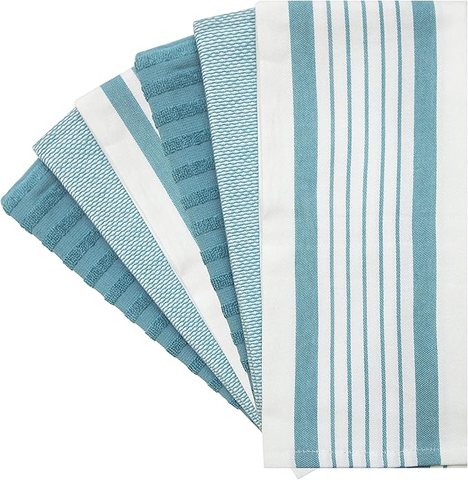 Premium Kitchen Towels 6 Pack 100% Cotton, 20"x28" Dish Towels - Aqua | Large Flat & Terry Kitchen Linen Set with Hanging Loops, Highly Absorbent for Washing and Drying Dishes
