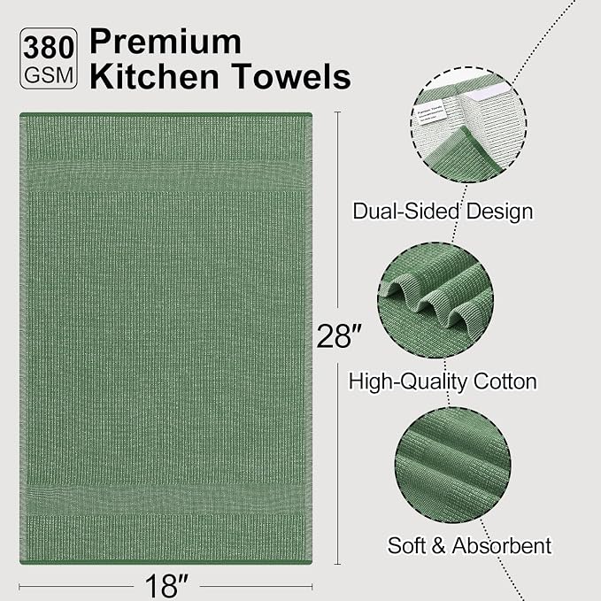 Mordimy Premium Cotton Kitchen Towels (18"x 28", 3 Pack), Grass Green | 100% Ring Spun Cotton, Super Absorbent, 380 GSM, Flat & Terry, Soft, Hanging Loop Dish Towels
