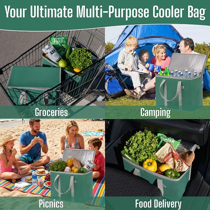 VENO 3 Pack Cooler Bag Insulated Grocery Bags for Food Delivery Heavy Duty | Large Collapsible Cooler, Reusable Shopping Tote with Zippers, Foldable, Stands Upright, for Picnic Camping (Green, 3 Pack)