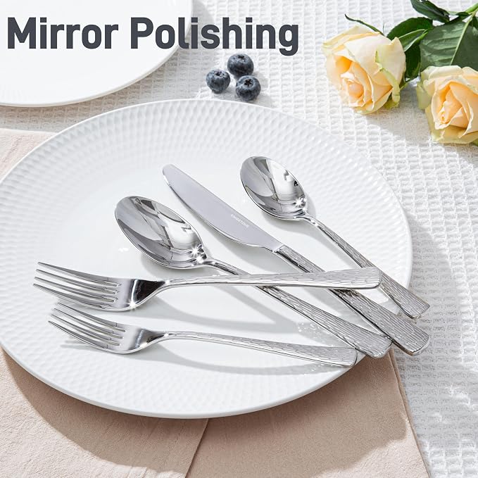 Silverware Set for 12, 60 Piece Flatware Set, 18/10 Stainless Steel | Hammered Mirror Polished Ripple Handles, Dishwasher Safe, Rust Resistant, for Home Kitchen, Wedding, Party, Housewarming Gift