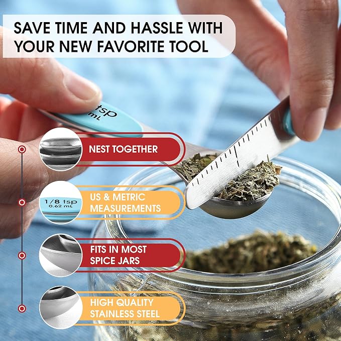 Spring Chef Stainless Steel Magnetic Measuring Spoons Set of 8, Aqua Sky | Nesting Metal Teaspoon & Tablespoon Measuring Spoons with Leveler for Dry & Liquid Ingredients, Dual Sided, Dishwasher Safe