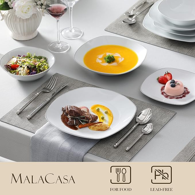 MALACASA Dinnerware Sets, 24 Piece Porcelain Square Dishes, White with Silver Rim Plates and Bowls Sets, Ceramic Dish Set for 6, Chip Resistant Dishware Sets, Series ELISA | White Ceramic Plates and Bowls Sets for Serving, Chip Resistant, Microwave & D...