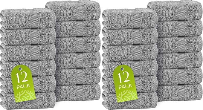 White Classic Light Gray Washcloths Set for Body and Face Towel, Cotton Wash Cloths Bulk 24 Pack, Spa Fingertip Wash Clothes 12x12 Inch, Soft Absorbent Gym Towels