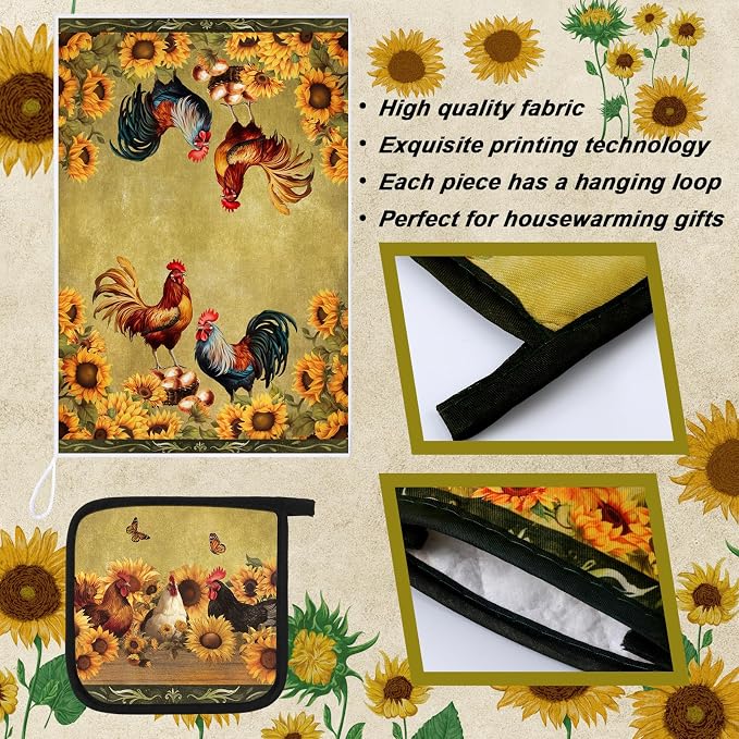 Leinuosen 6 Sunflower Rooster Farmhouse Kitchen Decor Dish Towels Oven Mitts and Pot Holders Sets Chicken Kitchen Towels Absorbent Decorative Accessories for Cooking Baking Grilling