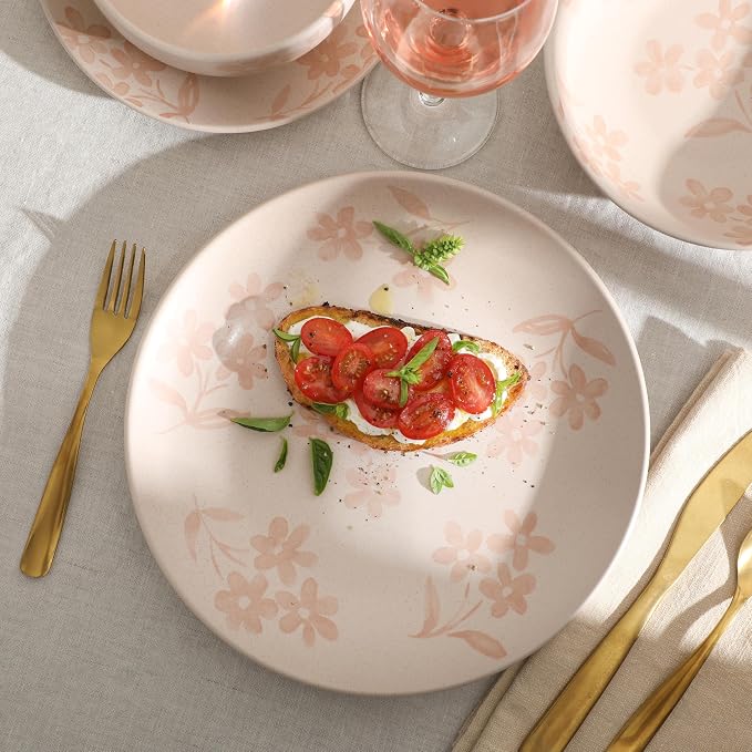 Gibson Home Admiral Hall Plates and Bowls Set, 16-Piece Floral Dinnerware Set, Pink Stoneware Dish Set, Dinner Plates, Salad Plates, Pasta Bowls & Cereal Bowls
