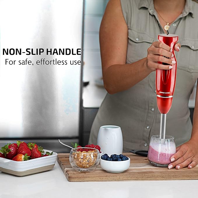 OVENTE Electric Corded Hand Blender, 300W with 2 Mixing Speeds Red HS560R | Handheld Immersion Stick Mixer with Stainless Steel Blades for Smoothies, Purees & Baby Food