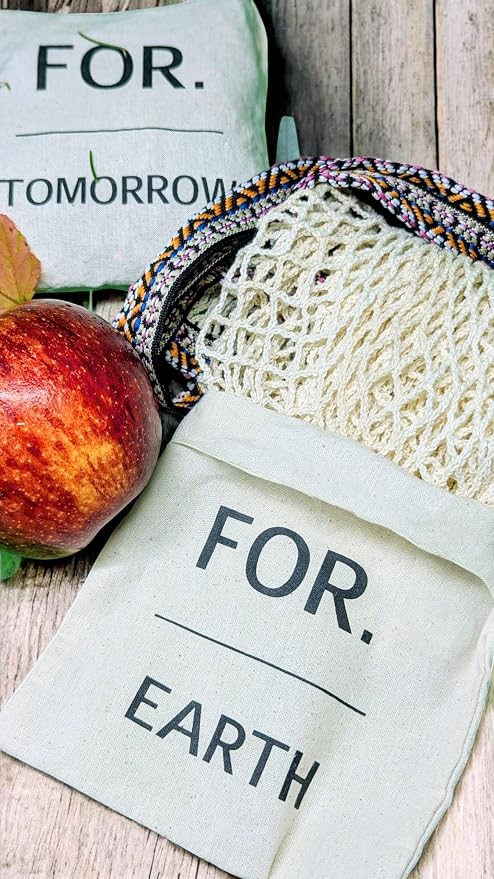 Earth and Tomorrow 2-Pack Reusable Mesh Grocery Bags – Foldable Cotton Net Totes with Jacquard Straps & Reversible Pouch | Cotton Mesh Fabric