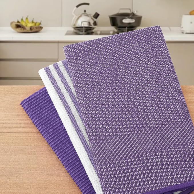 Homaxy Cotton 380 GSM Premium Kitchen Towels, 18"x 28", 9 Pack, Purple | Soft and Absorbent Terry Dish Towels, Multipurpose Tea Towel Set with Hanging Loop, 3 Styles Kitchen Hand Towels