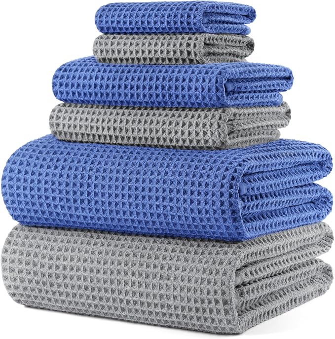 POLYTE 430 GSM Poly Blend Microfiber Quick Dry Waffle Bath Towel Set of 6 | 2-Body Towels, 2-Hand Towels, 2-Wash cloths, Oversize, Lint Free
