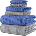 POLYTE 430 GSM Poly Blend Microfiber Quick Dry Waffle Bath Towel Set of 6 | 2-Body Towels, 2-Hand Towels, 2-Wash cloths, Oversize, Lint Free