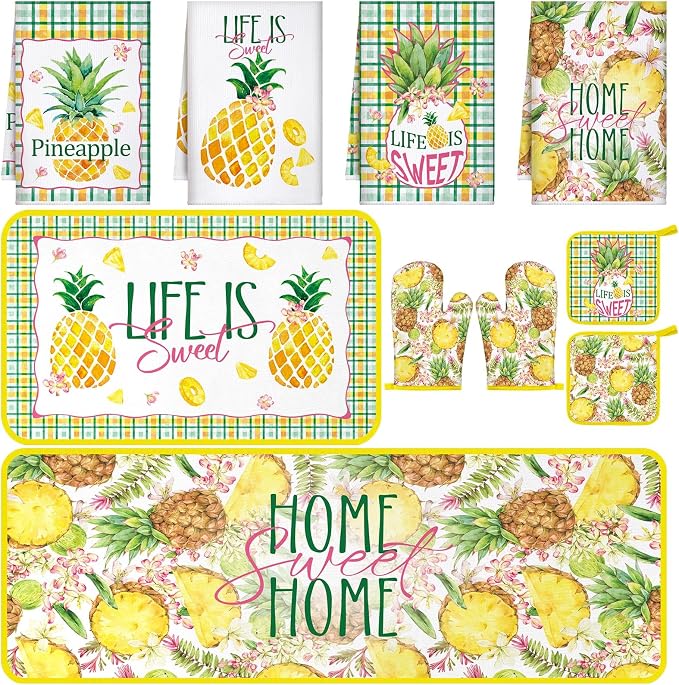 Fourluoo 10 Pcs Pineapple Kitchen Decor and Accessories Set Pineapple Kitchen Rugs and Towels Pot Holders Oven Mitts Set for Cooking Baking Mom Housewarming Gifts
