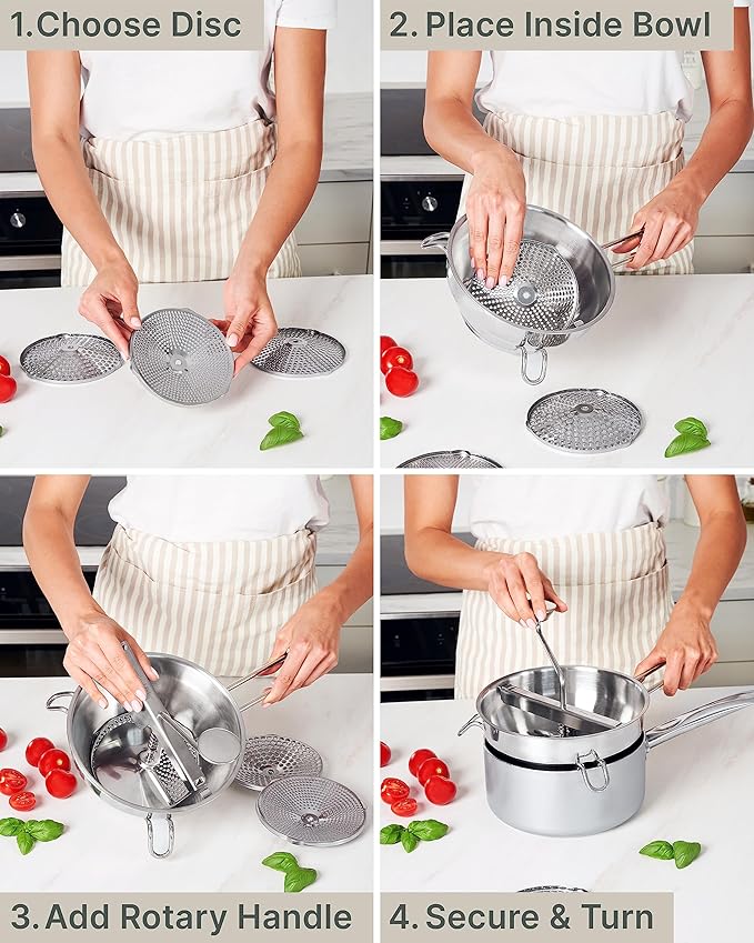 Hungry Artisan Stainless Steel Food Mill for Tomato Sauce & Canning | 3 interchangeable discs, ergonomic rotary hand crank; for applesauce, baby food, mashed potatoes & purees