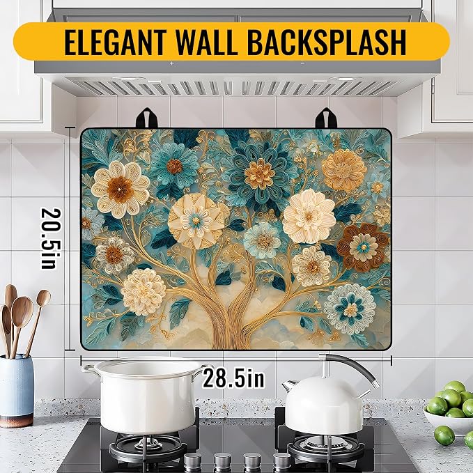 NYZE Stove Top Cover for Electric Stove 28x20 Inch Silicone Stove Topper & Protector, Decorative Kitchen Mat for Electric/Glass Stove Top (Cream & Gold Floral Tree)