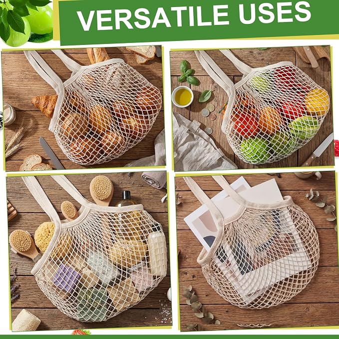 Paterr 80 Pack Cotton Mesh Produce Bags Bulk,Long Handle,Beige | Reusable Mesh Grocery Bags Bulk, Washable Net Market Tote String Shopping Bags, for Vegetable Fruit Beach Picnic Food Storage