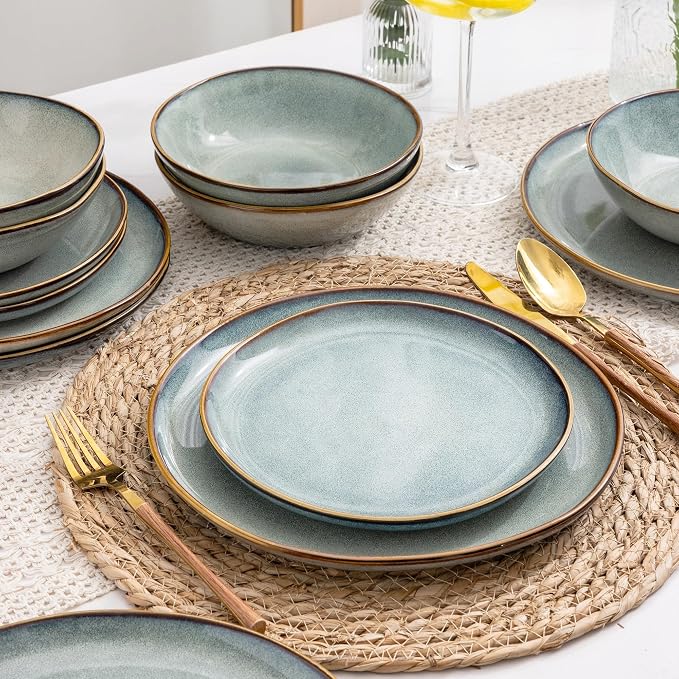 AmorArc Ceramic Dinnerware Sets for 4, 12Pcs Plates and Bowls Sets Dishes | Stoneware Handmade Reactive Glaze Dinner Set, Highly Scratch Resistant | Dishwasher & Microwave Safe Dishware