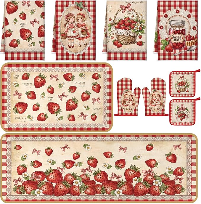 Fourluoo 10 Pcs Rustic Strawberry Kitchen Decor Set Dish Towels Rugs Oven Mitts and Pot Holders for Cooking Baking Grilling Women Mom Gift