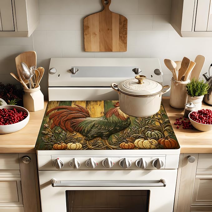 Vintage Rooster Pumpkin Stove Top Cover 28.3 x 20.5 Inch, Rustic Farmhouse Glass Cooktop Protector Mat, Fall Harvest Electric Range Cover for Kitchen Counter Decor (Retro Rooster)