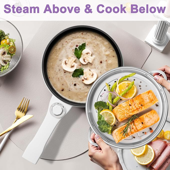 Dezin Hot Pot Electric with Steamer, 1.5L Non-Stick Portable Electric Pot | Dual Power, Upgraded 700W Electric Pot for Cooking Steak, Egg, Ramen Cooker for Dorm, RV, Office, Easy to Clean, Purple Pan