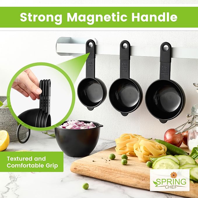 Spring Chef Black Magnetic Measuring Cups & Spoons - 9 pcs - Nesting Design | for Dry & Liquid Ingredients - Food Safe & BPA Free - Dishwasher Safe