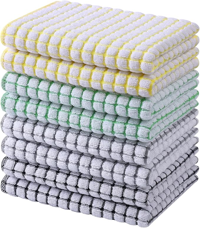 Mordimy Cotton 8 Pack Terry Kitchen Towels, 16 x 25 Inches | Super Soft and Absorbent Dish Towels, Quick Drying Hand Towels for Kitchen Drying, Black/Grey/Yellow/Green