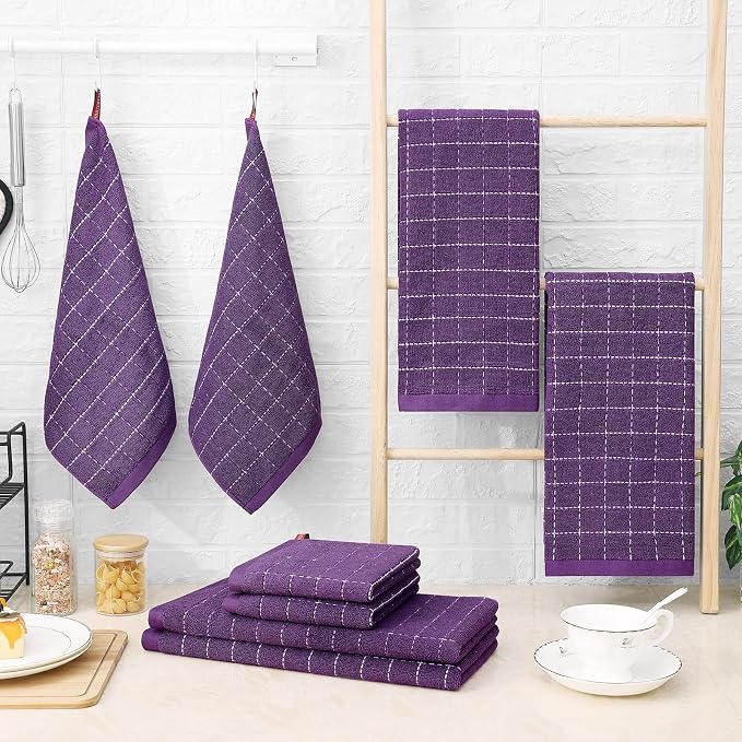 Homaxy Kitchen Towels and Dishcloths Set, Set of 8, Purple | Bulk Cotton Terry Kitchen Towels, Checkered Designed, Soft and Super Absorbent Dish Towels, 12 x 12 and 13 x 28 Inches