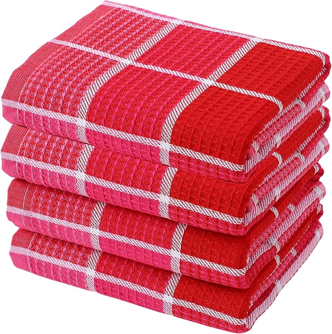 Bright Large Kitchen Towels, 4-Pack, 16 Inch x 26 Inch Buffalo Check Dish Towels for Washing Drying Dishes, Colorful Waffle Design Tea Towel Bar Towel (Pink)